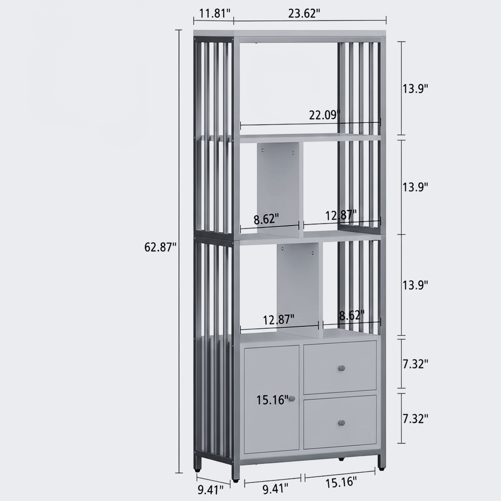 Modern Gold & White Metal Frame Bookshelf with Storage Cabinet - 63”