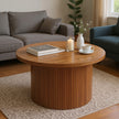 Modern Round Wooden Coffee Table – Fluted Pedestal Base, Natural Walnut Finish