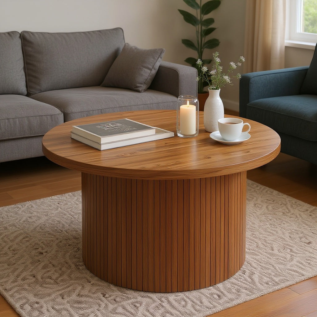 Modern Round Wooden Coffee Table – Fluted Pedestal Base, Natural Walnut Finish