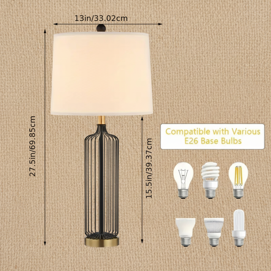 Set of 2 Modern Black Metal Cage Table Lamps with White Drum Shade – 27.5