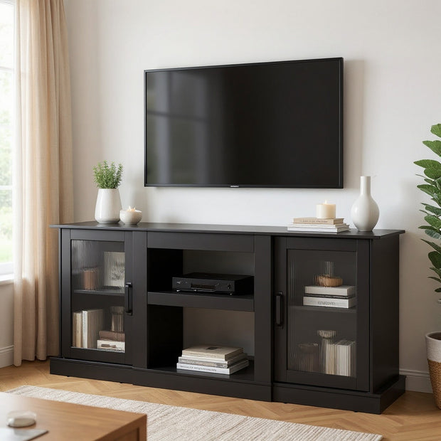Modern TV Stand with Glass Doors, Fits up to 65” TVs – Storage Cabinet with Shelves
