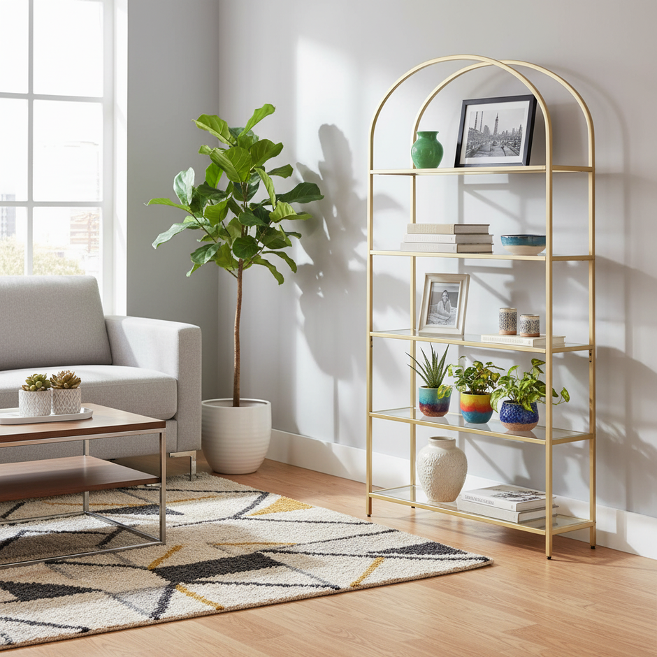 Arched Metal & Glass Bookcase – 5-Tier Tall Display Shelf with Modern Frame, Available in Black or Gold