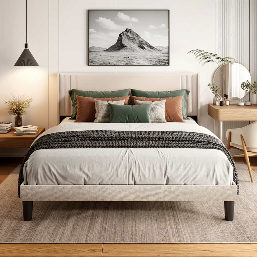 Modern Tufted Upholstered Platform Bed with Square Headboard