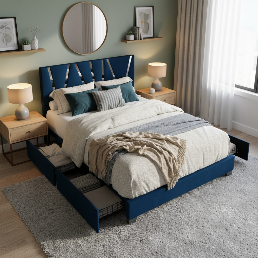 Modern Velvet Storage Bed with Drawers – Queen Size