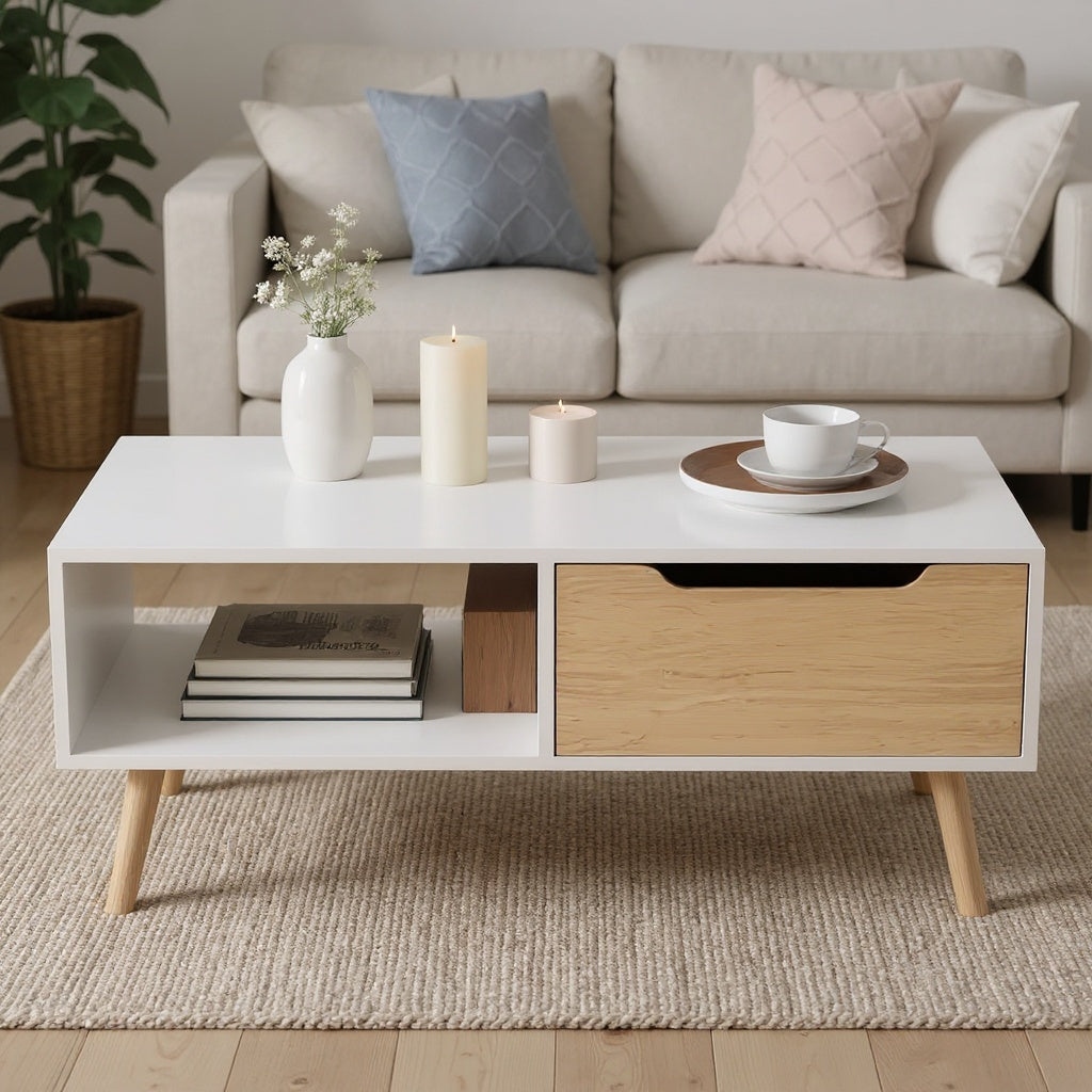 Smile Back Modern Coffee Table with Drawer and Open Shelf – 3 Color Options
