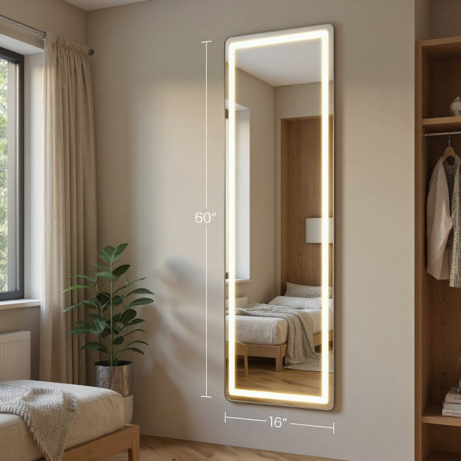 LED Full Length Mirror with 3-Color Dimmable Lights – Wall Mounted / Standing – 60