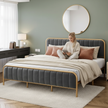Modern Gray Upholstered Bed Frame with Gold Metal – King Size