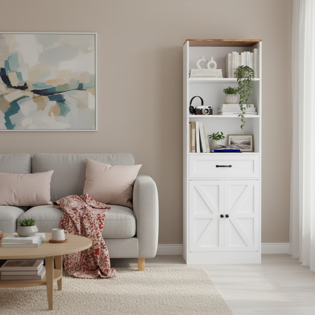Tall White Farmhouse Bookshelf with Drawer and Double Door Cabinet