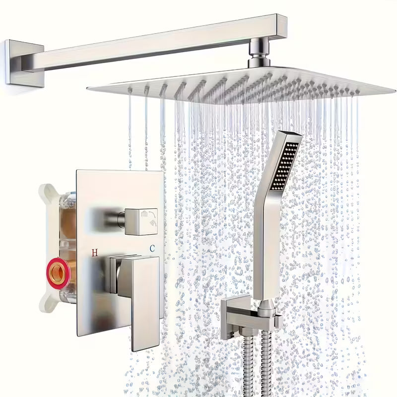 Modern Rainfall Shower System with Handheld – Wall Mounted Set, Matte Black / Brushed Nickel