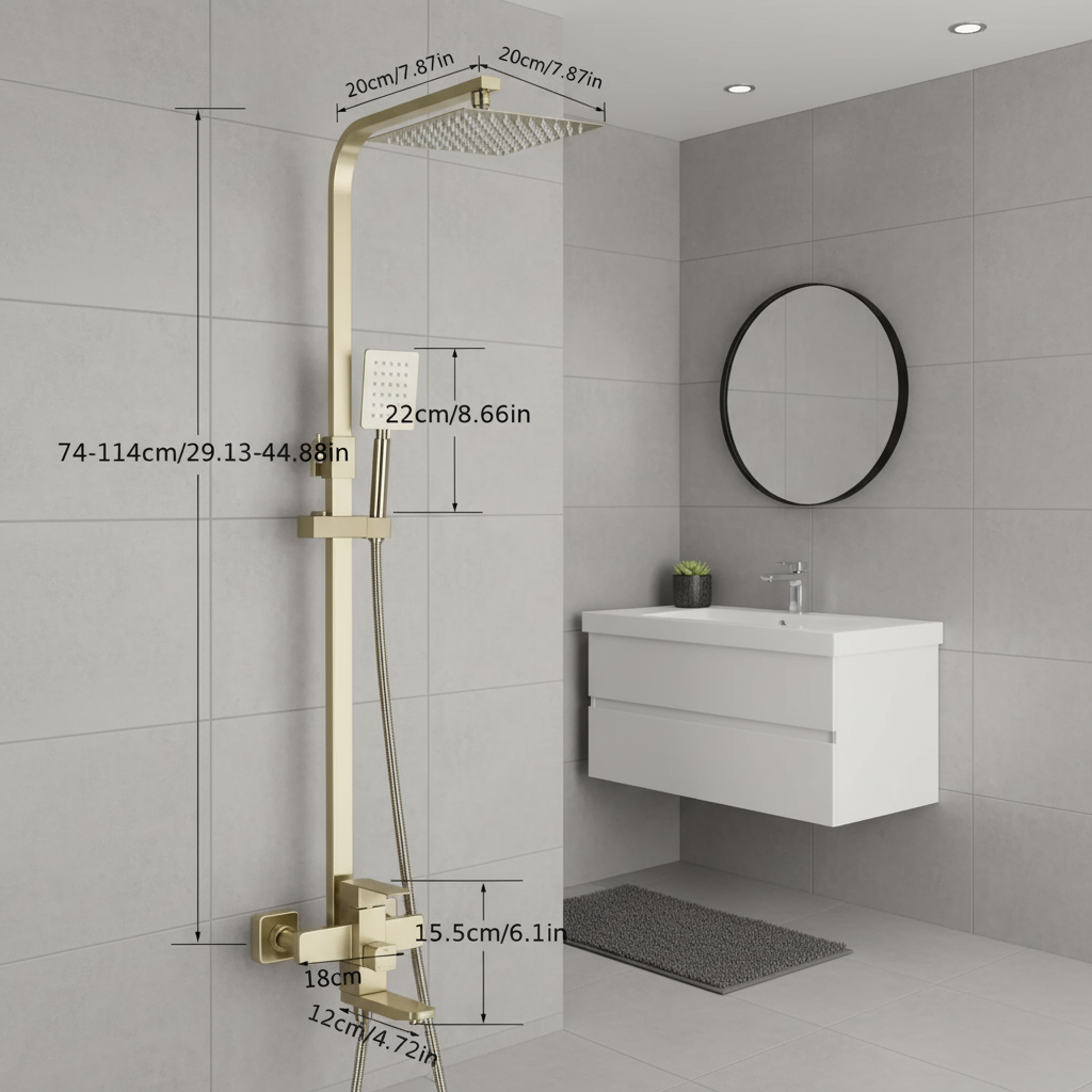 Brushed Gold Shower System – Wall-Mounted Rainfall Shower with Handheld Sprayer and Mixer Valve