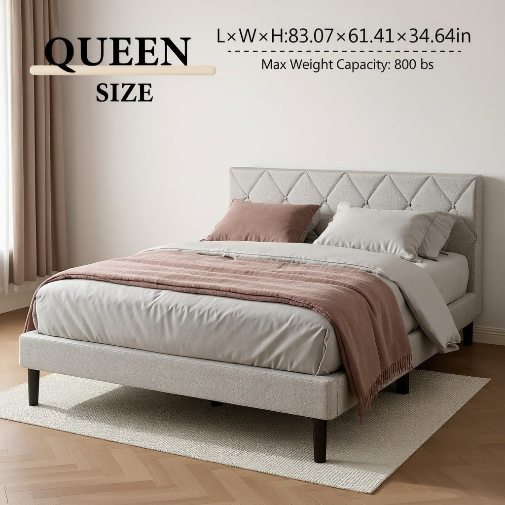 Modern Upholstered Queen Bed Frame with Diamond Tufted Headboard