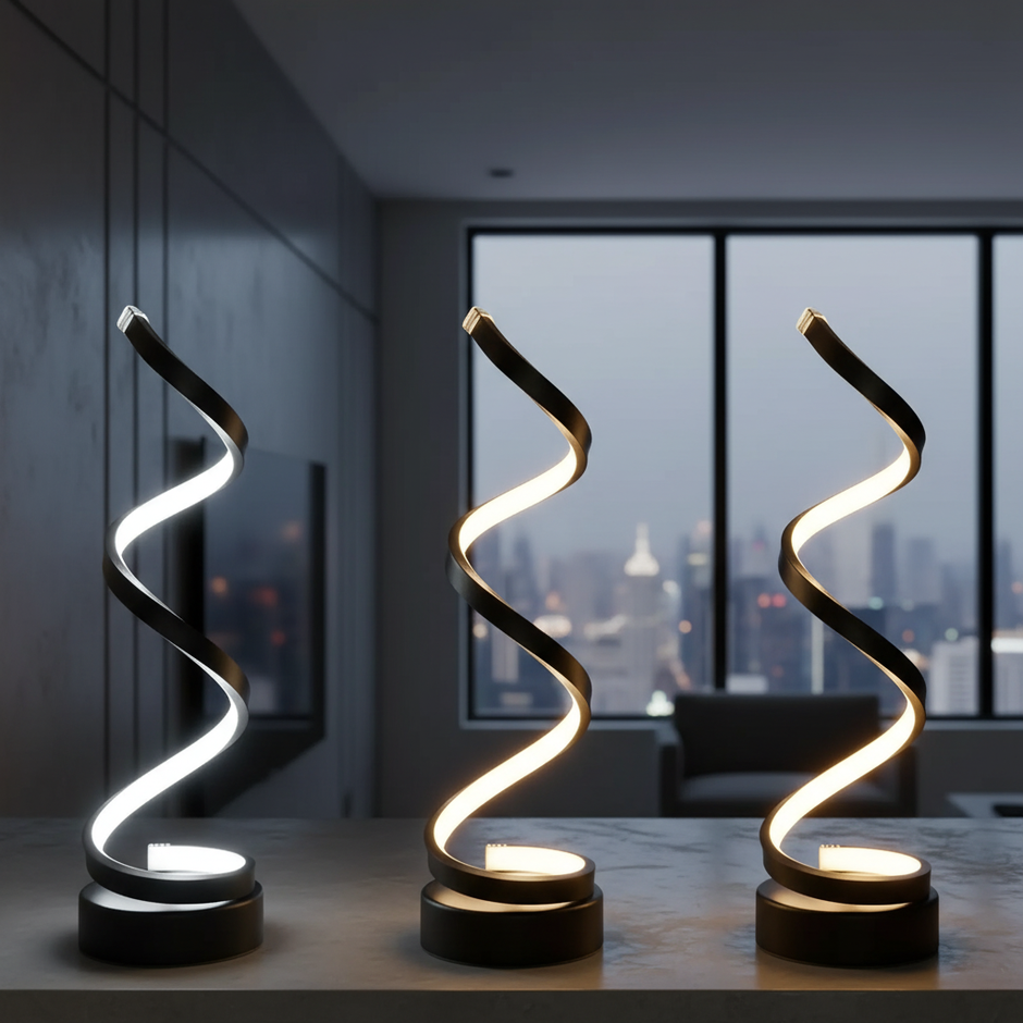 Modern Spiral LED Desk Lamp – 3-Color Dimmable Touch Lamp with USB-C