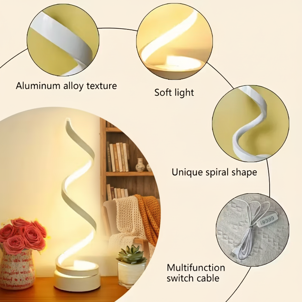 Modern Spiral LED Desk Lamp – 3-Color Dimmable Touch Lamp with USB-C