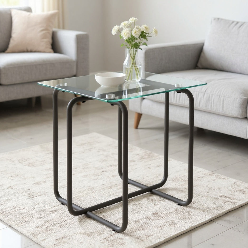 Modern Square Glass Side Table – Clear Glass or Black Glass – Metal Frame Accent Table