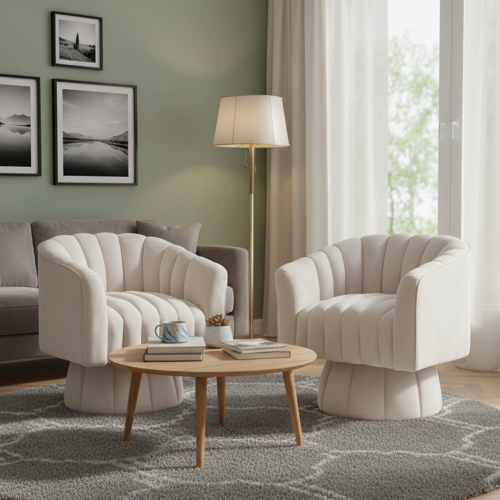 Modern Velvet Swivel Accent Chair – Cream White / Royal Blue