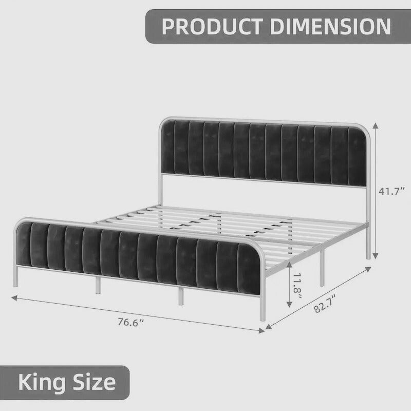 Modern Gray Upholstered Bed Frame with Gold Metal – King Size