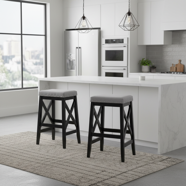 Set of 2 Upholstered Bar Stools with Nailhead Trim and Wooden Cross Back Legs – CozyVianno