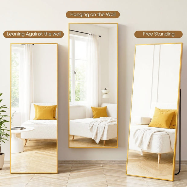 Full Length Rectangular Mirror 71"x26" – Wall Mounted / Free Standing (Black / Gold)