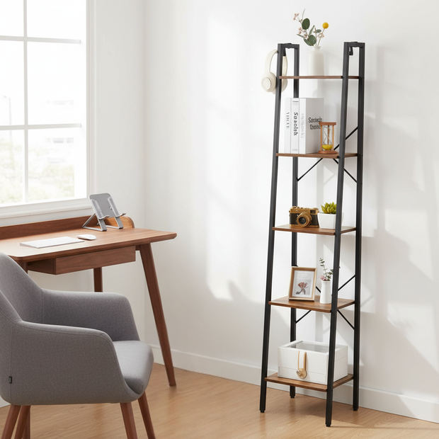 Industrial Ladder Bookshelf – 5-Tier Metal Frame Storage Shelf, Vintage Brown Wood Finish, Narrow Display Rack for Living Room, Bedroom, or Office