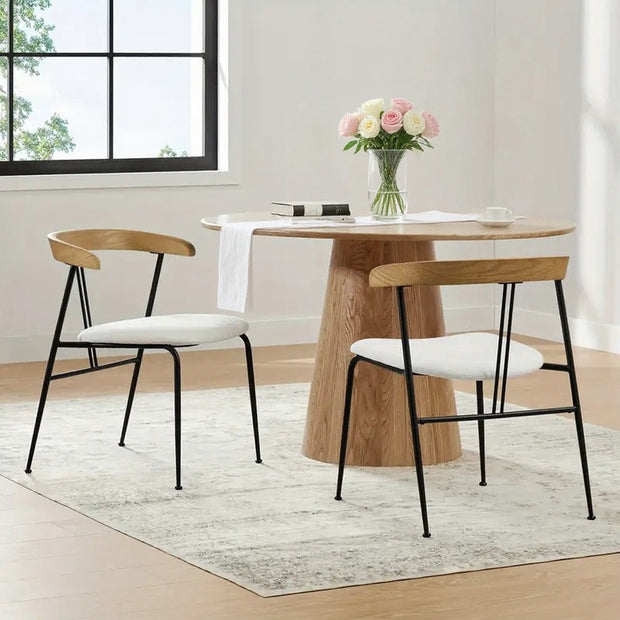 Set of 2 Modern Dining Chairs with Wood Back & Black Metal Legs