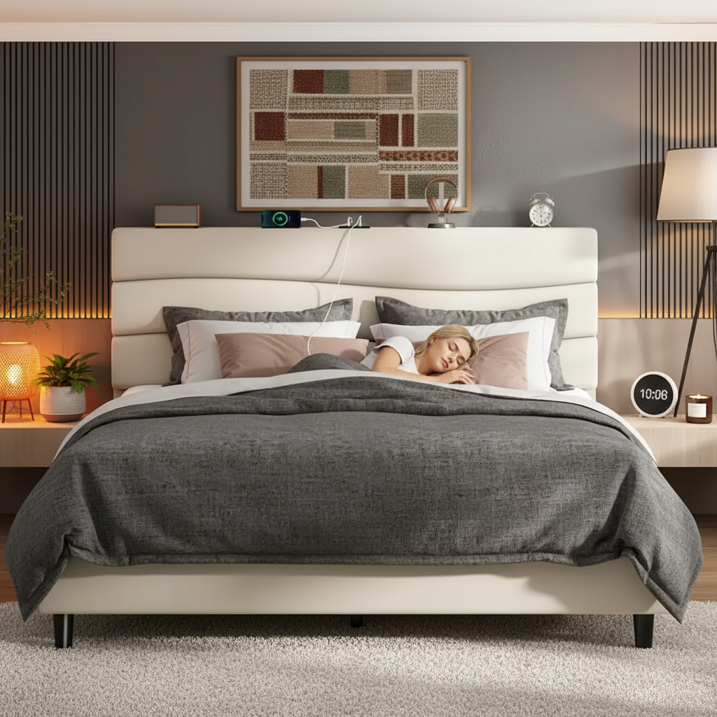 Modern Upholstered Queen Bed with Charging Station