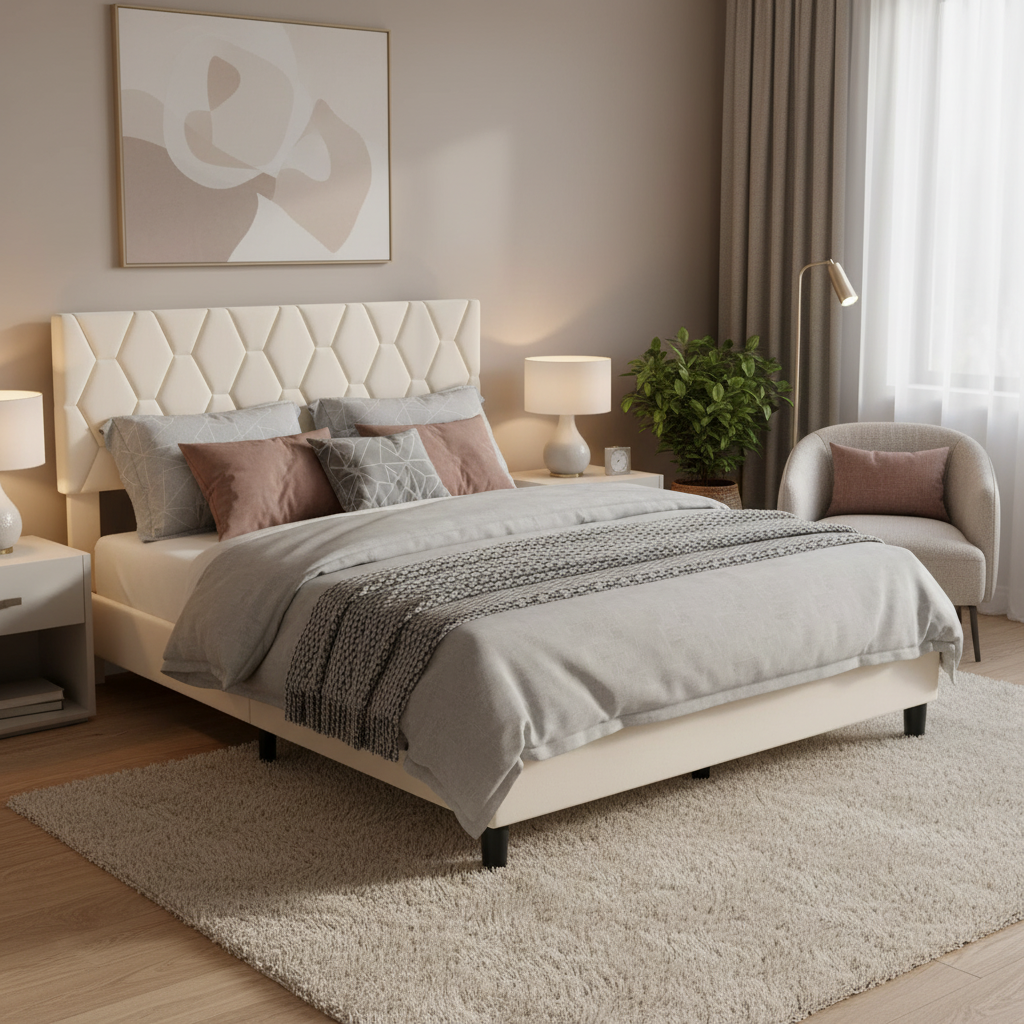 Modern Upholstered Platform Bed with Wingback Headboard