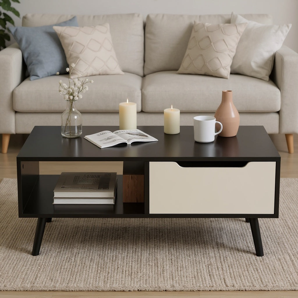 Smile Back Modern Coffee Table with Drawer and Open Shelf – 3 Color Options