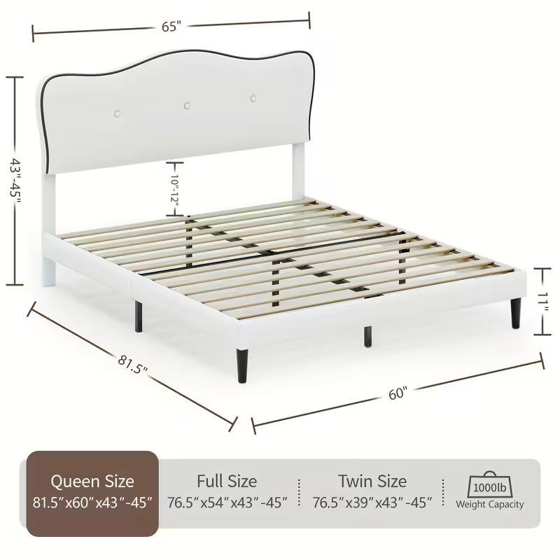 Curved Upholstered Bed Frame with Button-Tufted Headboard – Pink or White