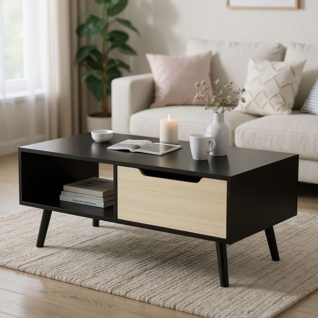 Smile Back Modern Coffee Table with Drawer and Open Shelf – 3 Color Options
