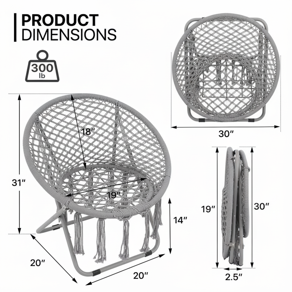 Set of 2 Folding Saucer Chairs – Gray Macrame Rope Design