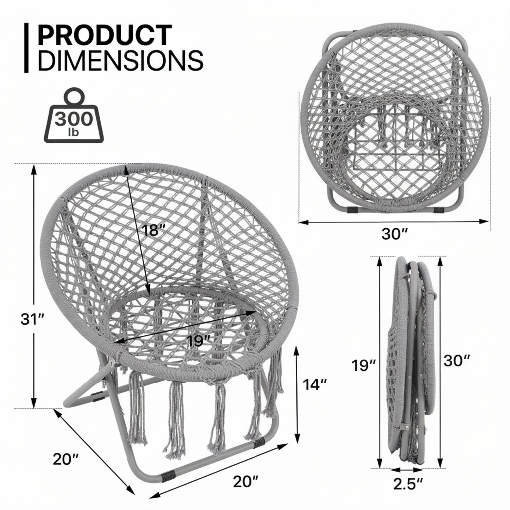 Set of 2 Folding Saucer Chairs – Gray Macrame Rope Design