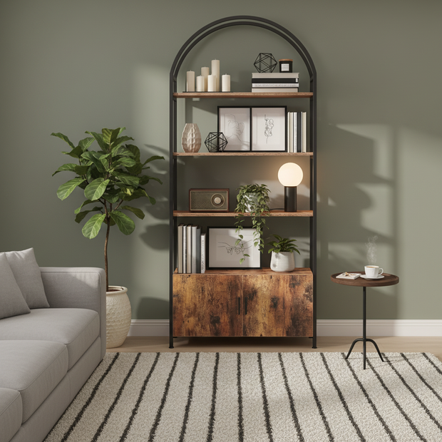 Modern Arched Bookshelf with Cabinet – 71” Tall Storage Unit