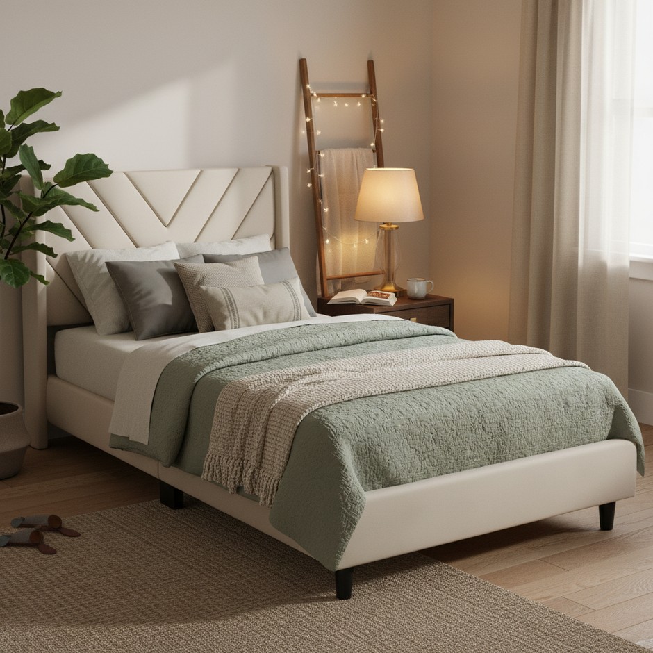 Modern Upholstered Platform Bed with Channel-Tufted Headboard