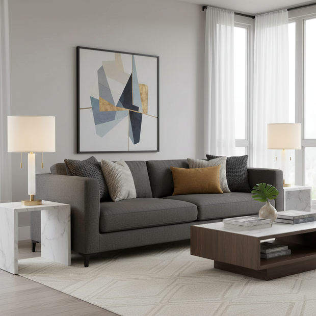 Set of 2 White Marble-Style Table Lamps with Dual Pull Chains & USB Port – 26.2" Tall