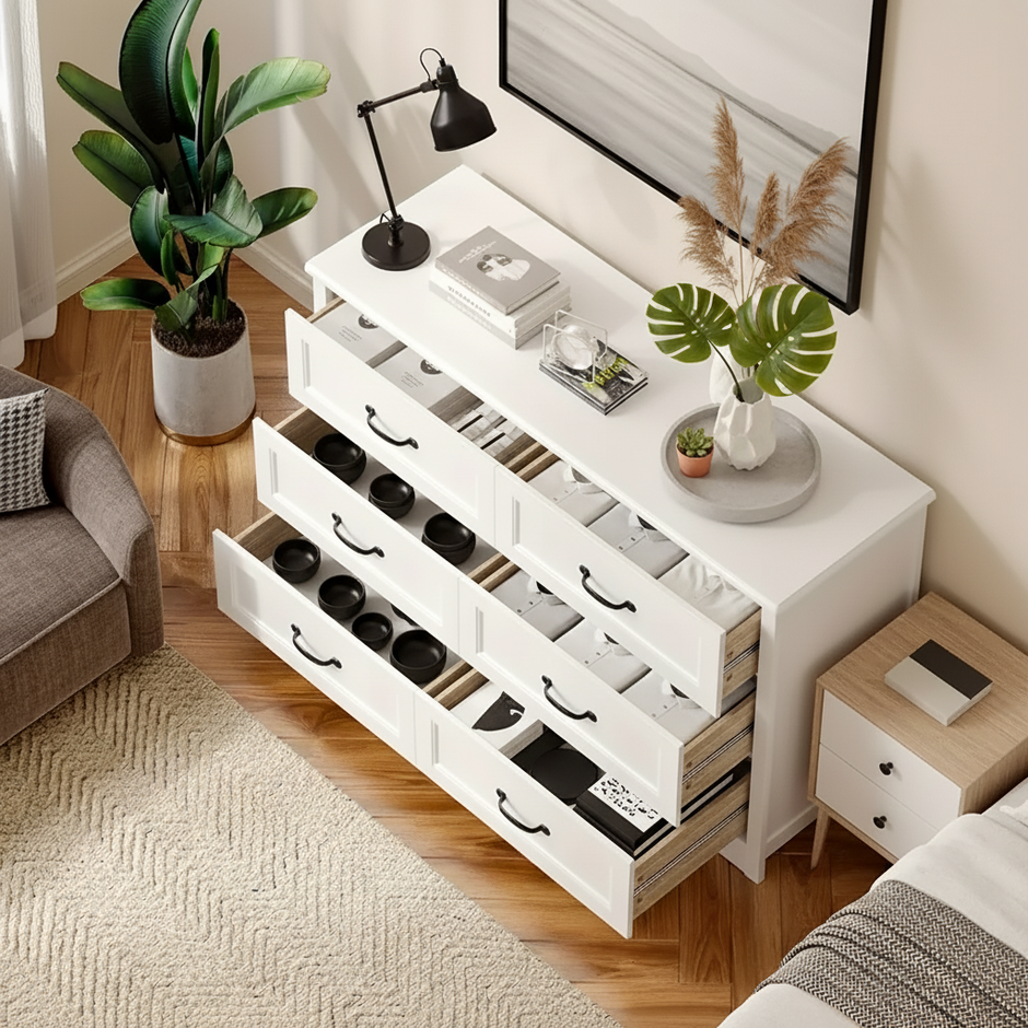 Modern 6-Drawer Dresser – White Wooden Storage Chest with Metal Handles