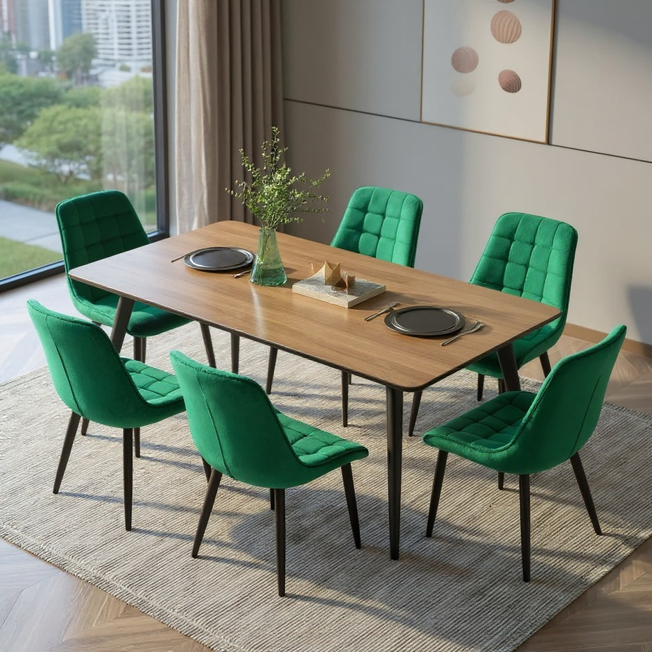 Set of 4 Modern Upholstered Dining Chairs with Quilted Velvet Fabric and Black Metal Legs – Cream / Green