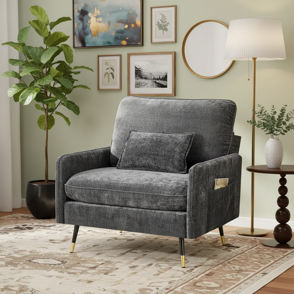 Chenille Upholstered Accent Chair with Storage Pockets