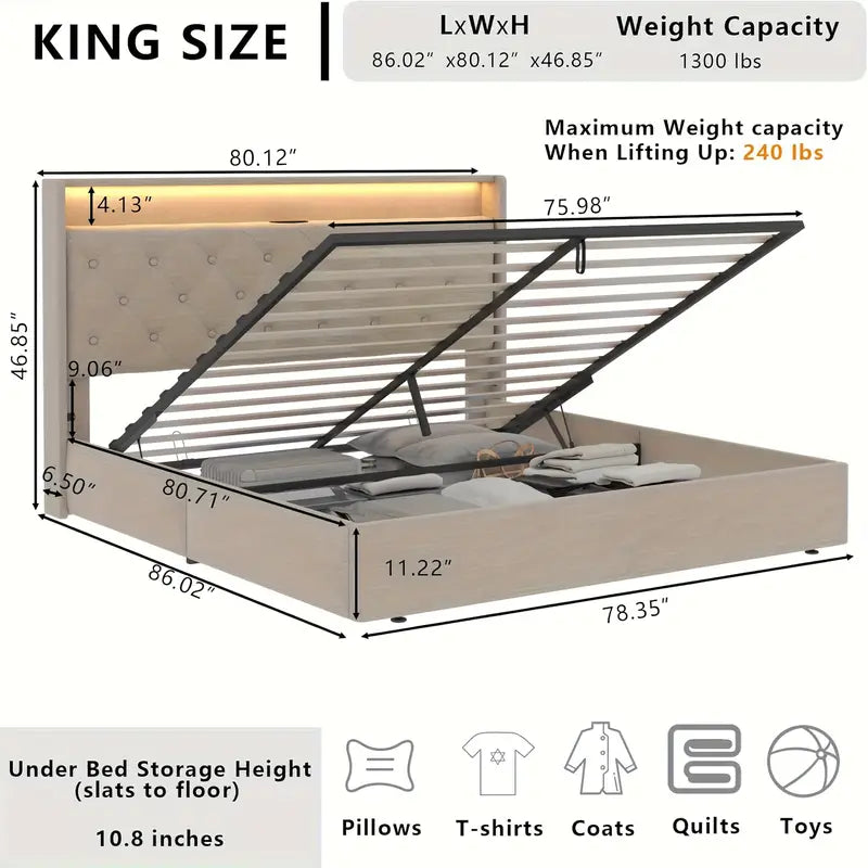 Smart Upholstered Storage Bed with LED Lights & Charging Station