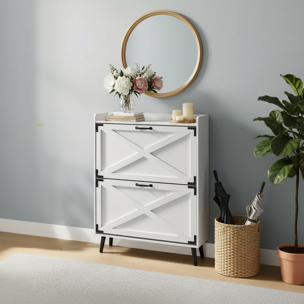 Farmhouse Shoe Cabinet with Flip Drawers – 2-Tier Storage Organizer, Rustic Style