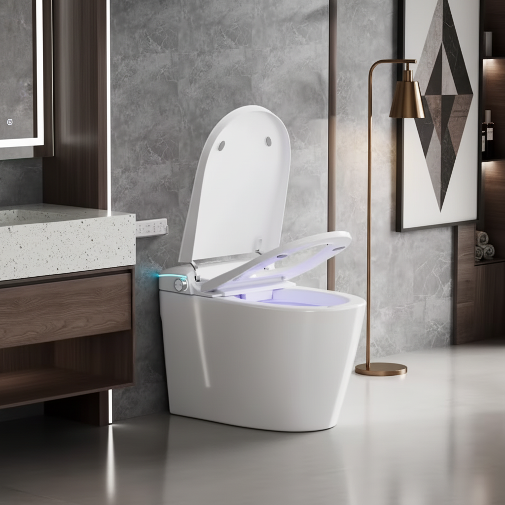 Smart Toilet with Built-In Bidet, Heated Seat & Automatic Lid – Modern One-Piece Design