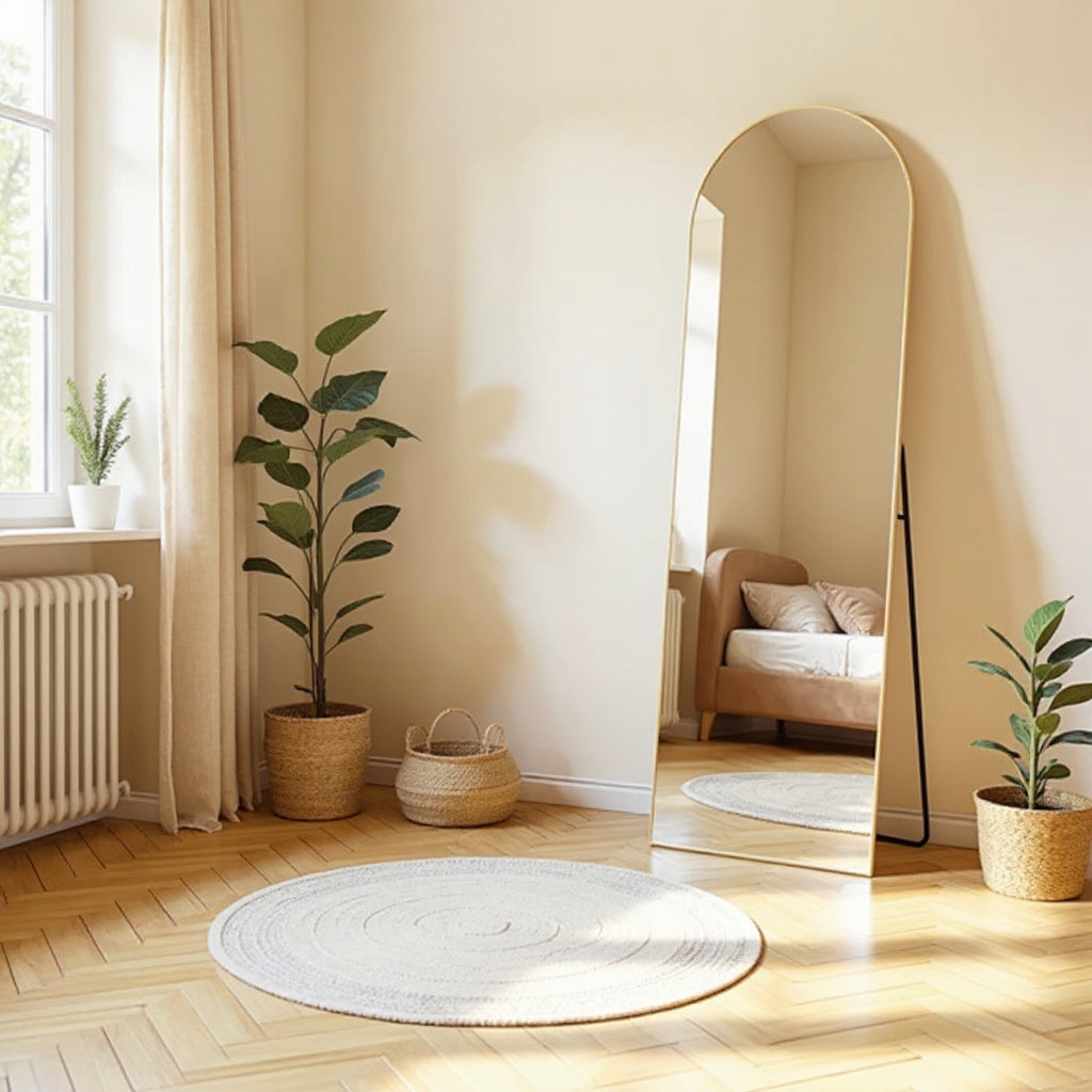 Arched Full Length Mirror – Black & Gold, Wall Mounted / Free Standing