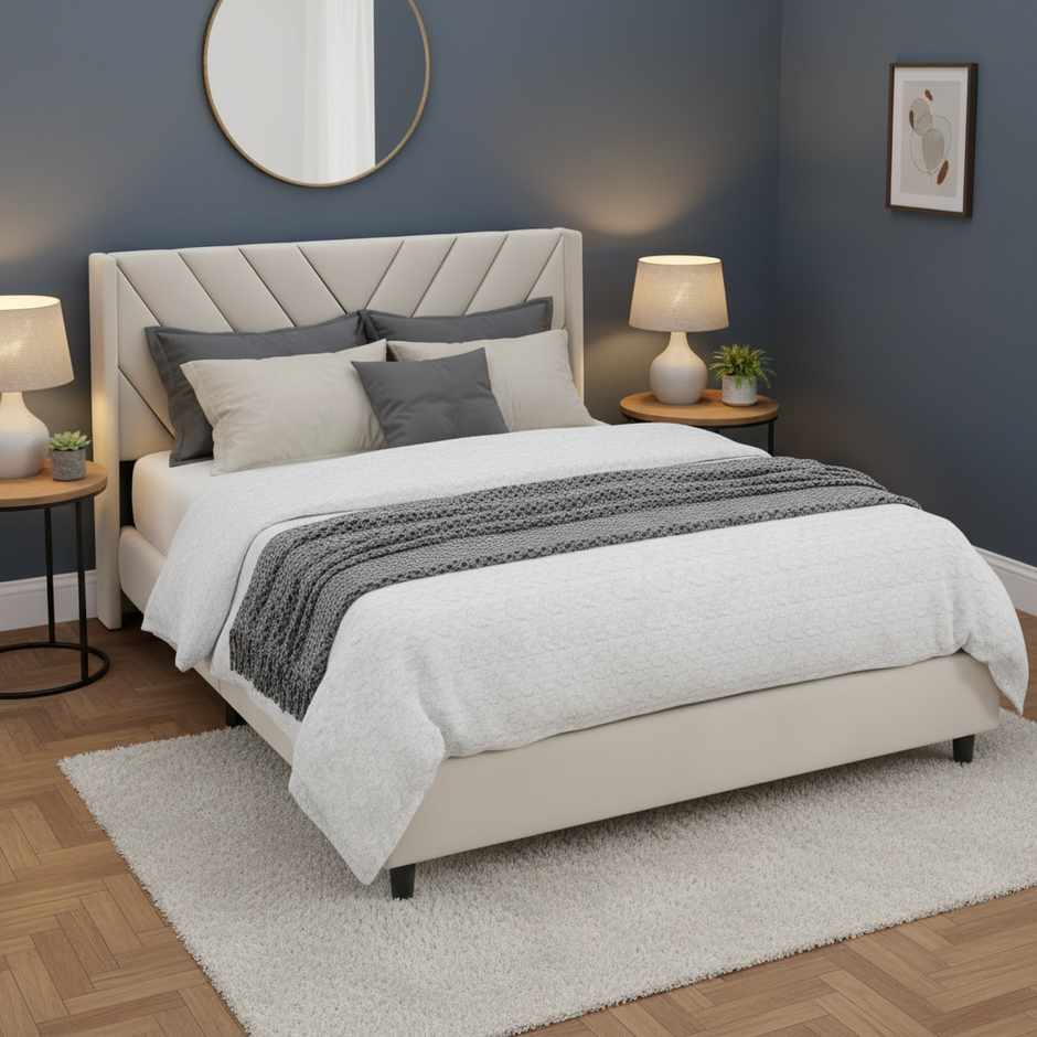 Modern Upholstered Platform Bed with Channel-Tufted Headboard