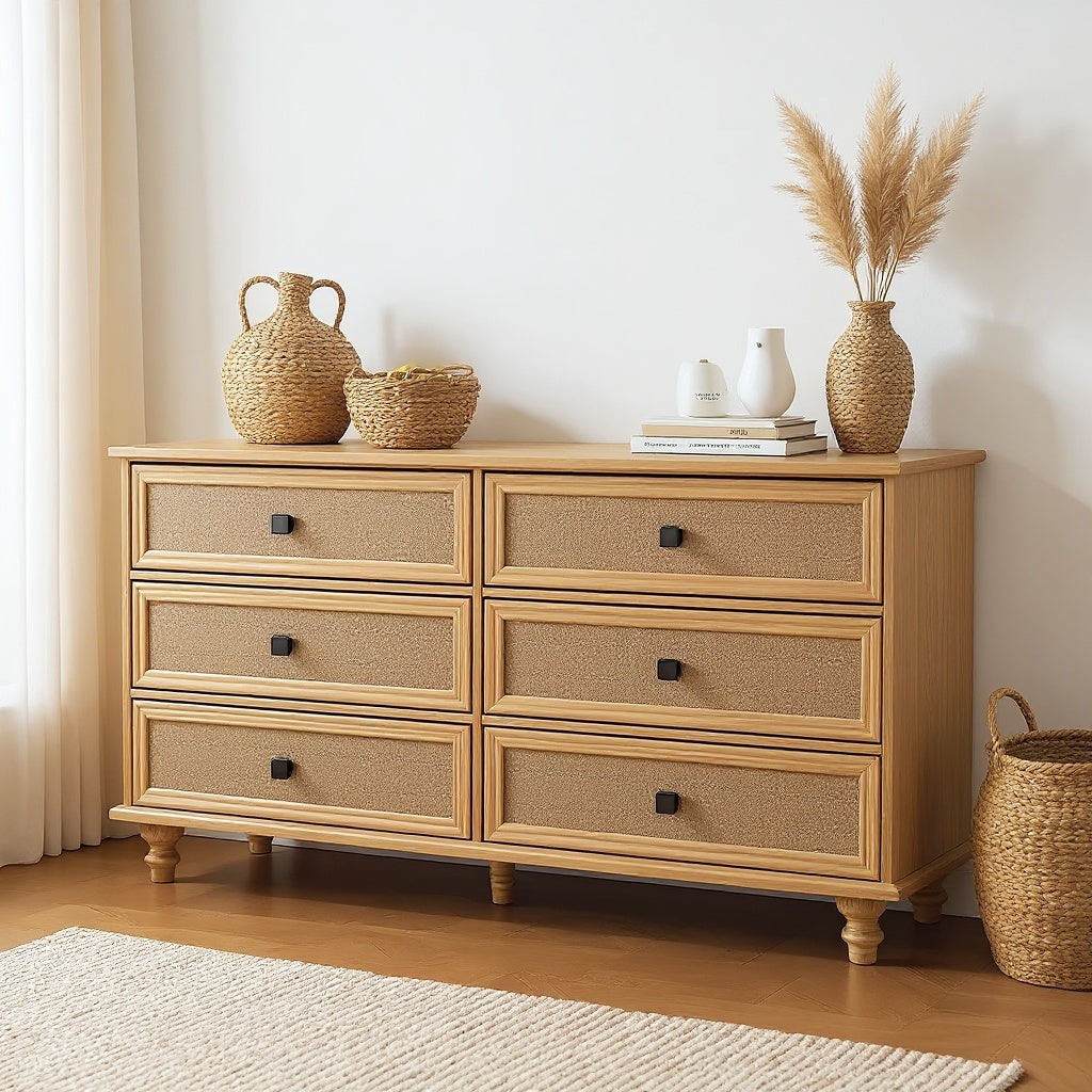 6-Drawer Rattan Dresser – Modern Wood Chest of Drawers with Woven Fronts for Bedroom, Living Room, or Entryway (Natural Finish)