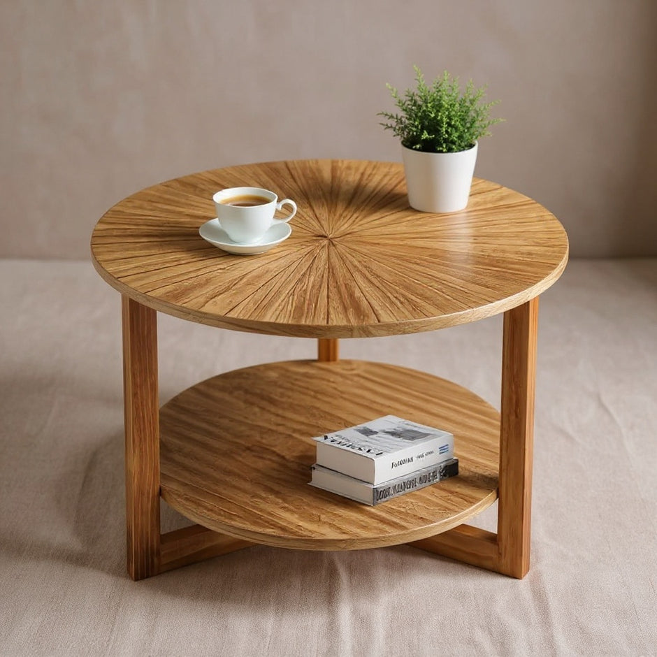 Round Wooden Coffee Table with Storage Shelf – 27.6
