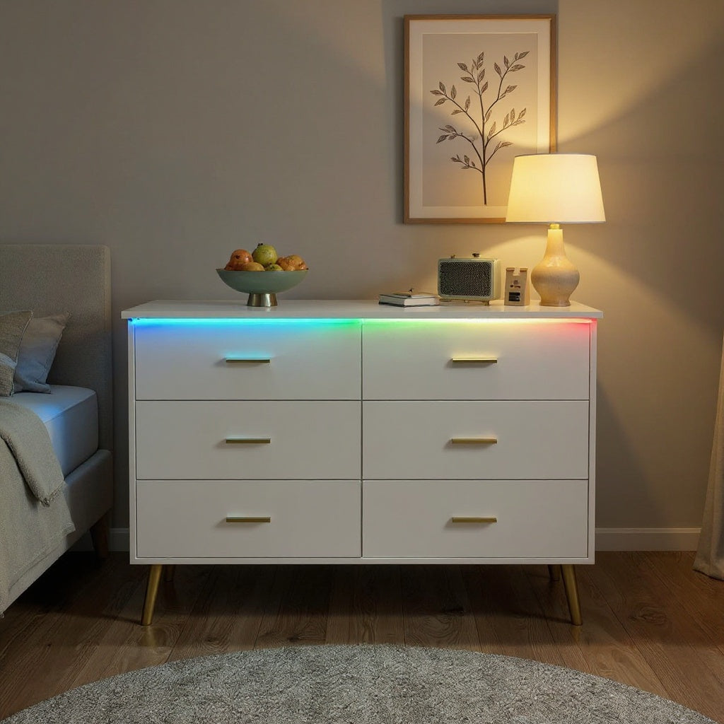 Modern 6-Drawer Dresser with LED Lights, Gold Handles & Tall Legs – Bedroom Storage Cabinet