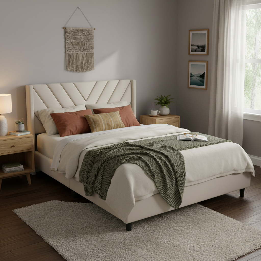 Modern Upholstered Platform Bed with Channel-Tufted Headboard