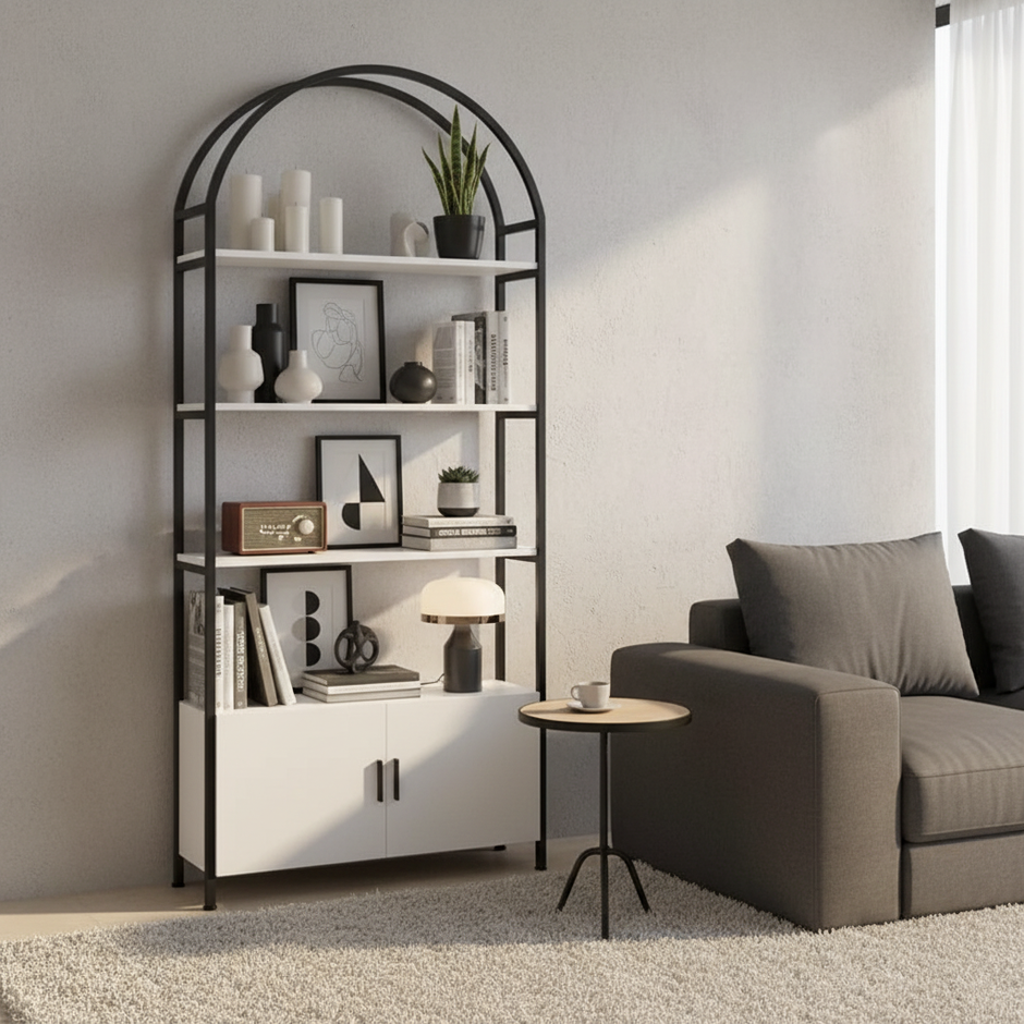 Modern Arched Bookshelf with Cabinet – 71” Tall Storage Unit