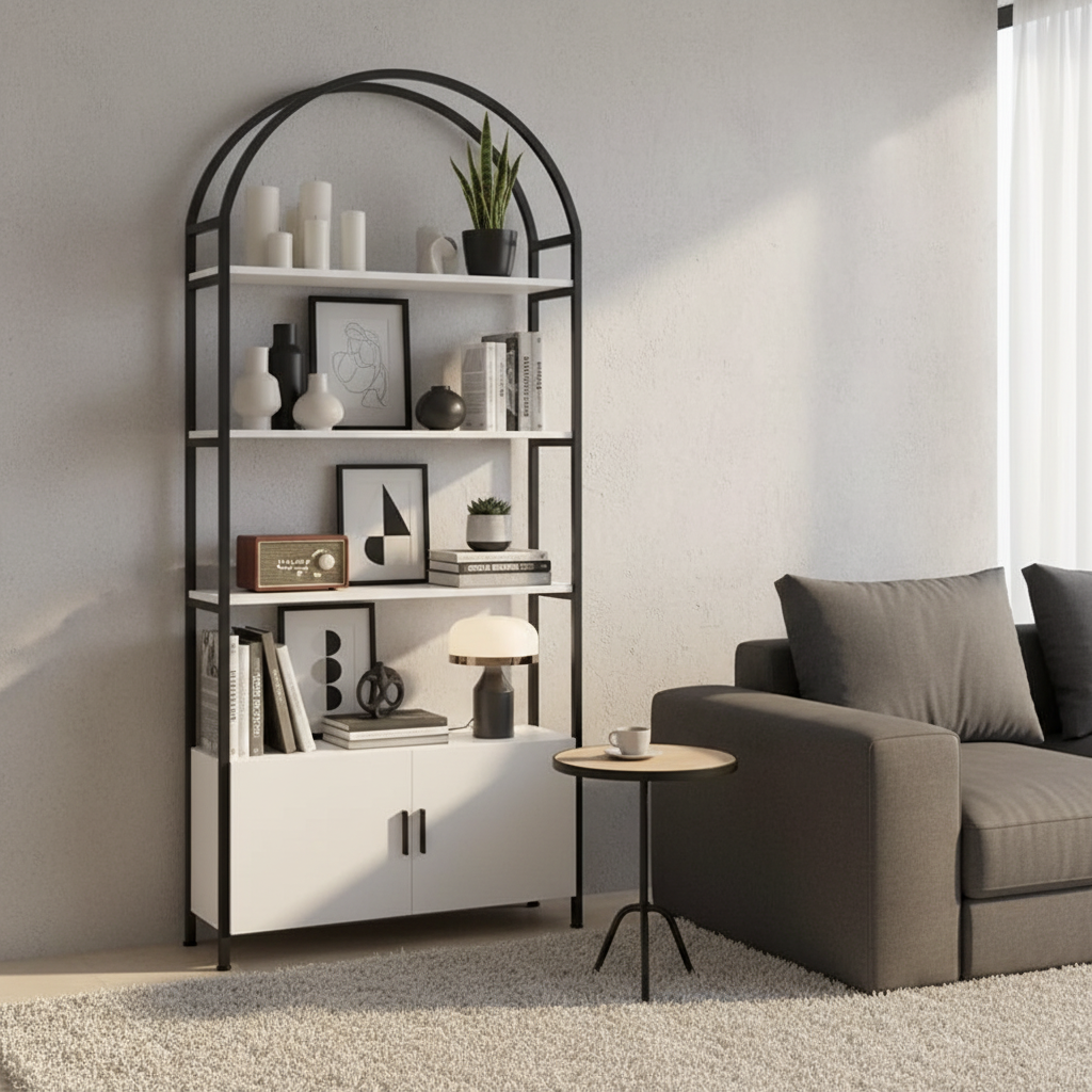 Modern Arched Bookshelf with Cabinet – 71” Tall Storage Unit