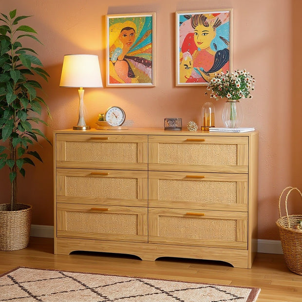 6-Drawer Rattan Dresser – Modern Double Dresser with Gold Handles, Wood Storage Chest for Bedroom, Living Room, Hallway, Entryway
