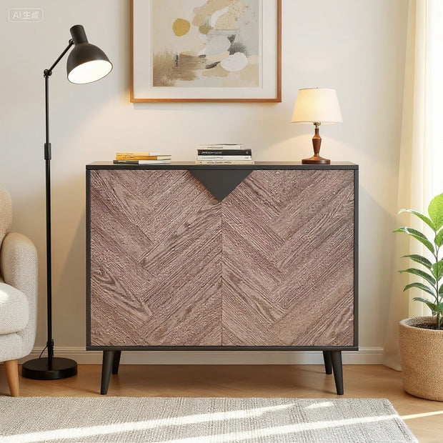 31.5" Modern Sideboard Cabinet with Chevron Doors | Black & Wood Finish